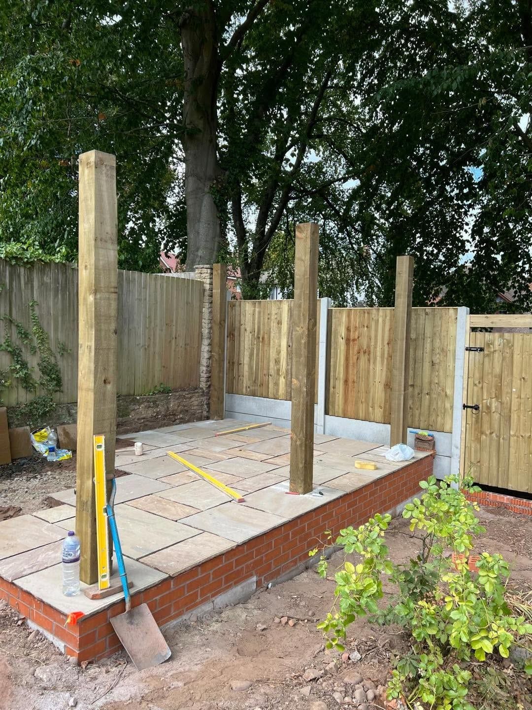 Pergola posts going in on the raised patio, Barnt Green