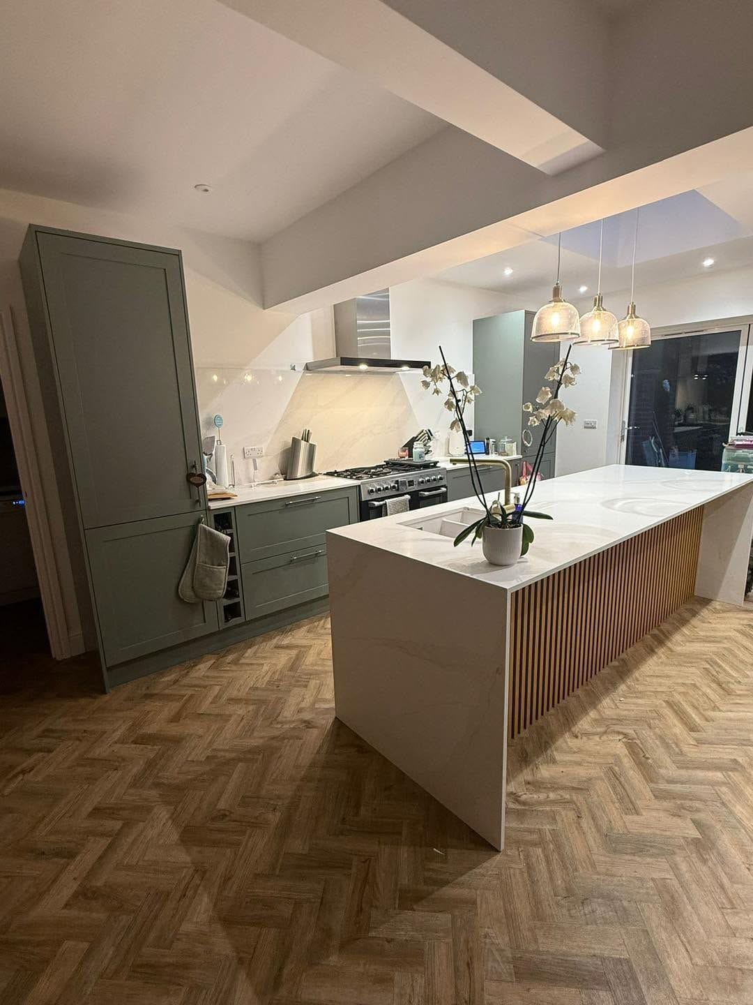 Kitchen and island with herringbone floor, Birmingham