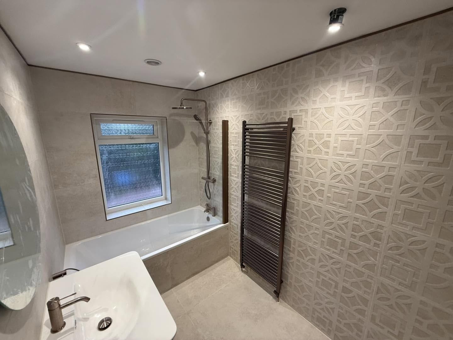 Finished bathroom, bath and towel rail