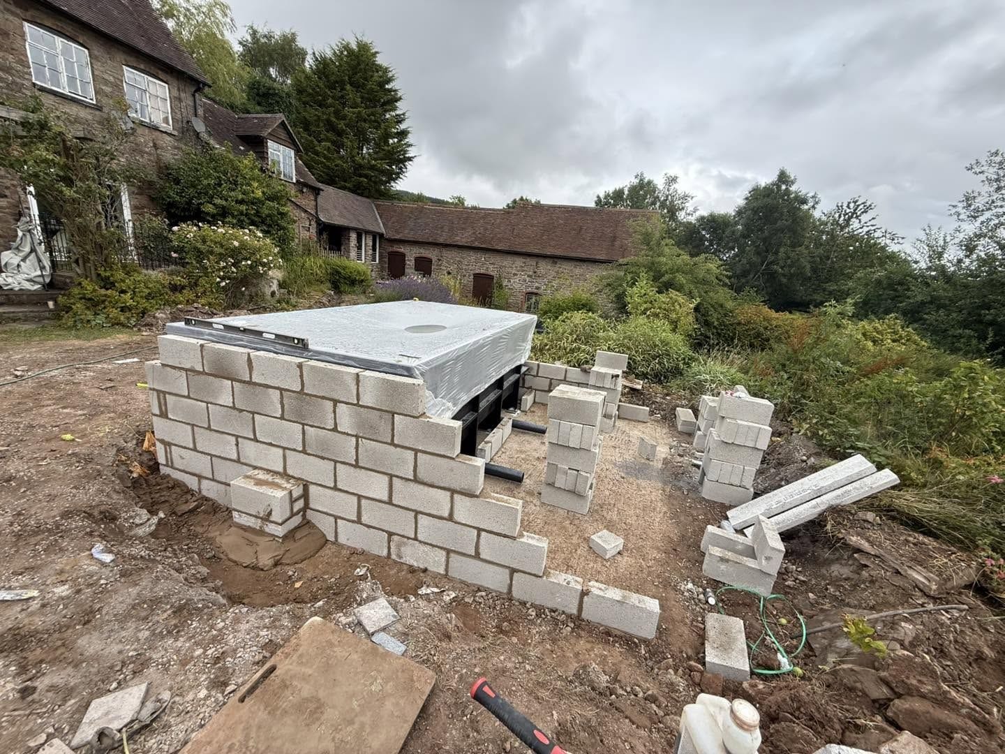 Perimeter blockwork started, Clee Hill