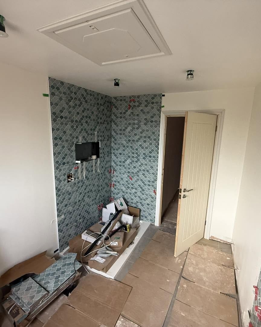 Bathroom being tiled, new door fitted, Droitwich