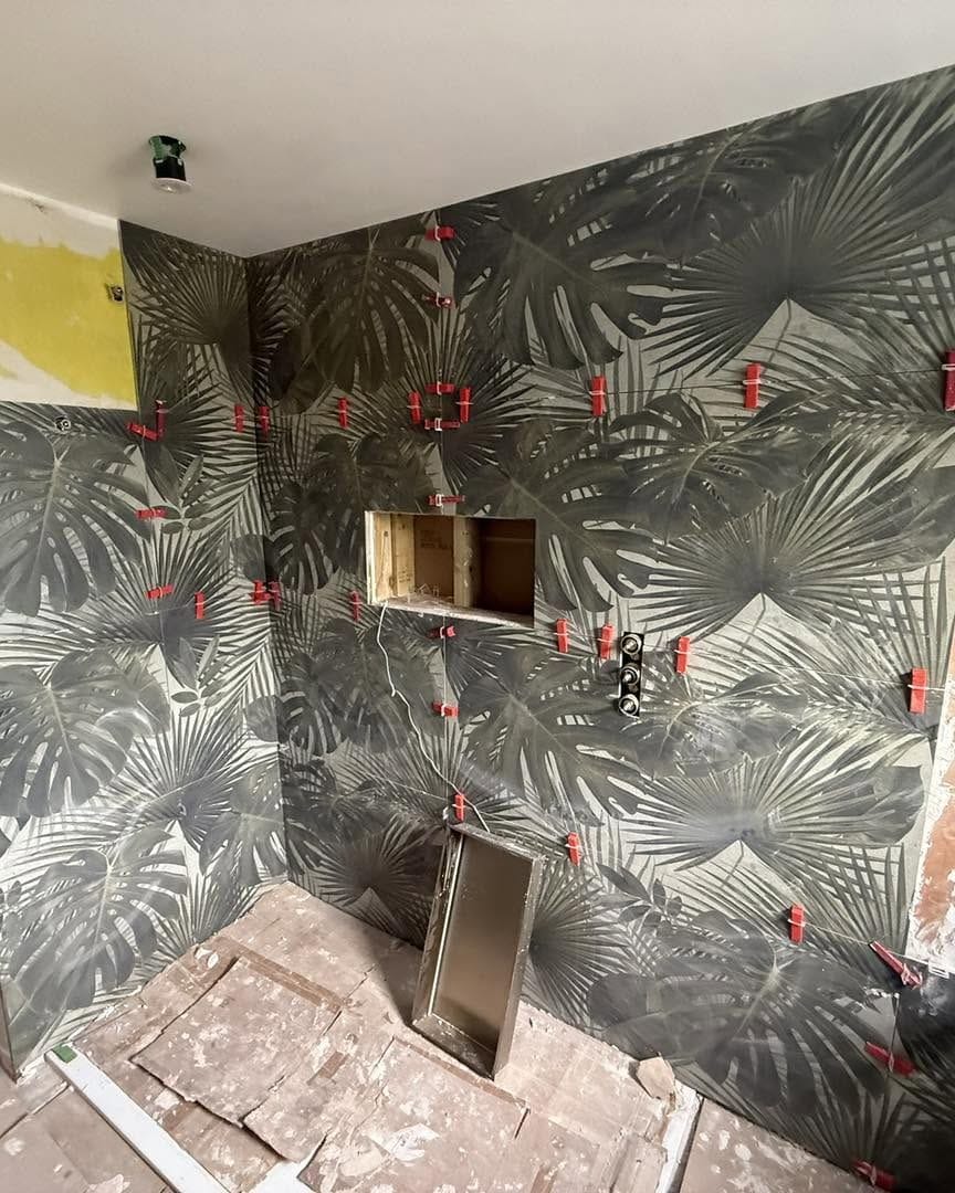 Bathroom feature wall tiling in progress, Droitwich