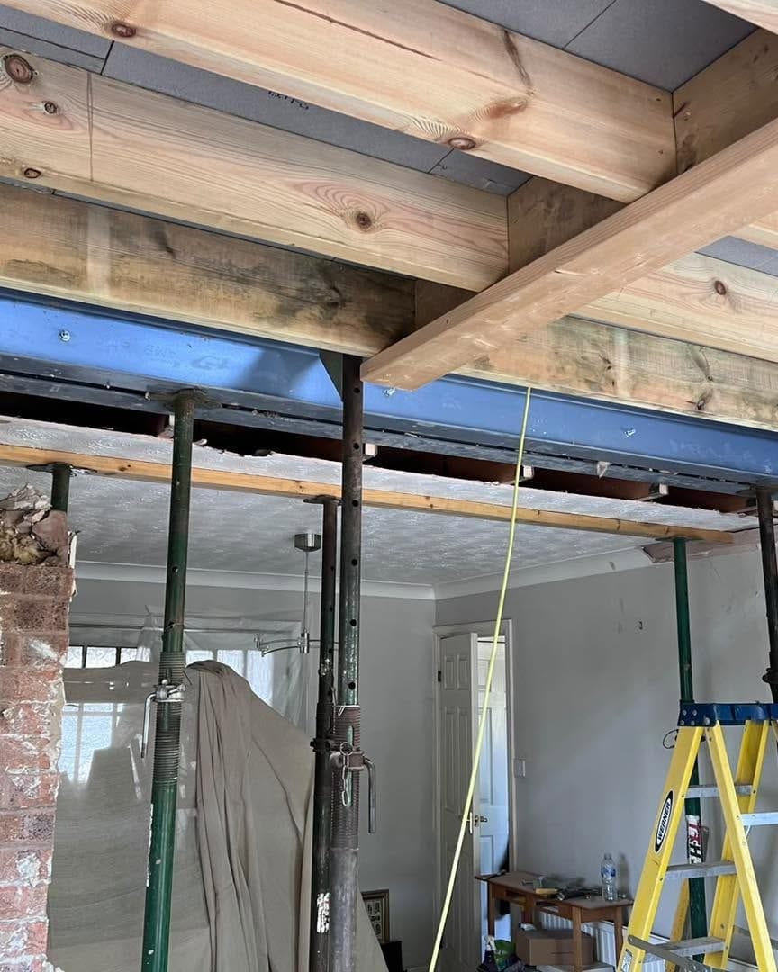 New steel beams and timbers in the opened-up space, Droitwich