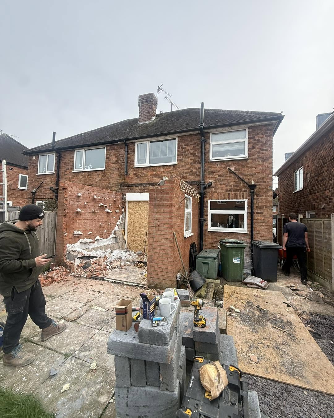 Kitchen extension build in progress showing new framing and openings