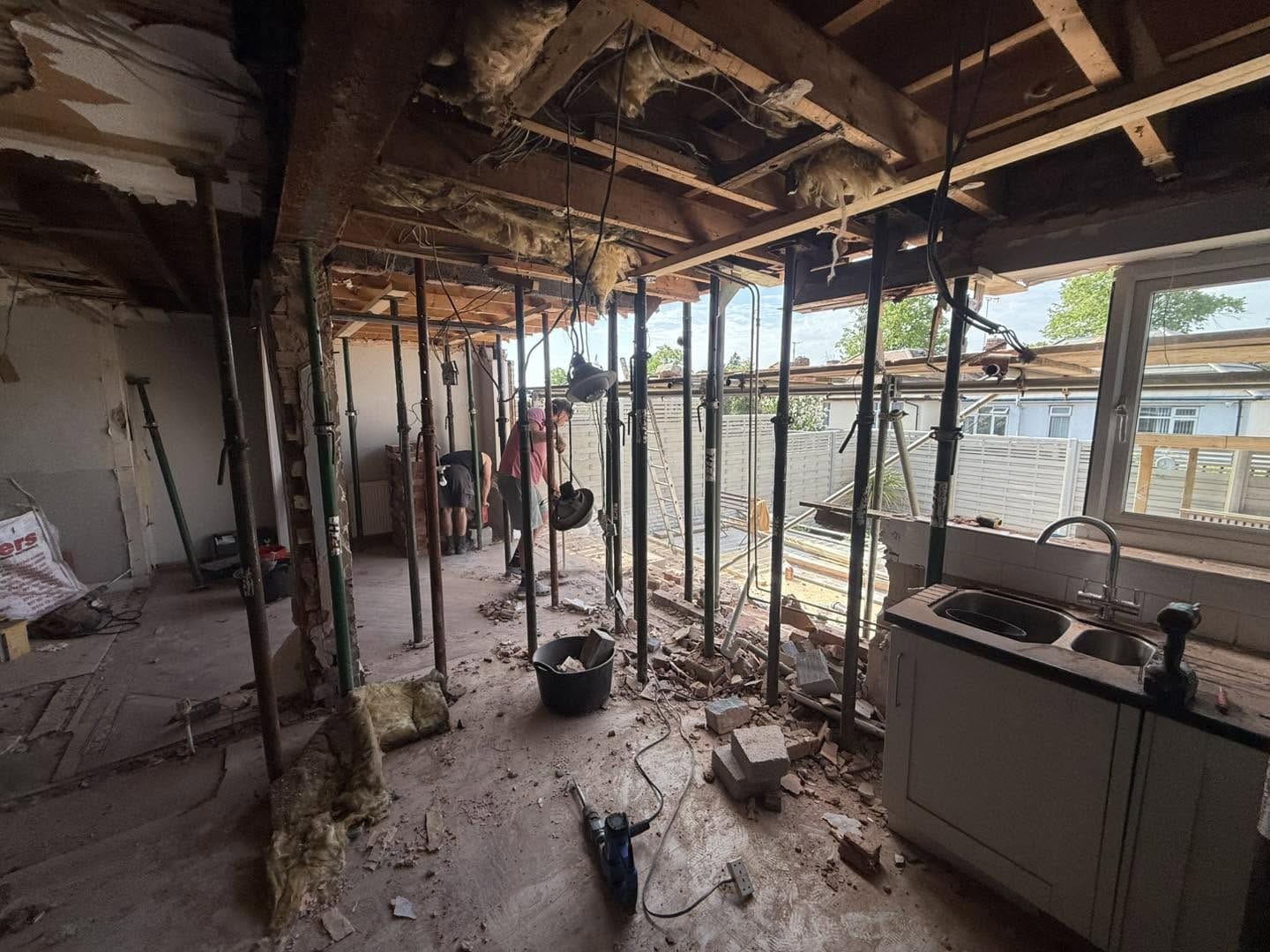 Inside with walls removed and props in, Stourport-on-Severn